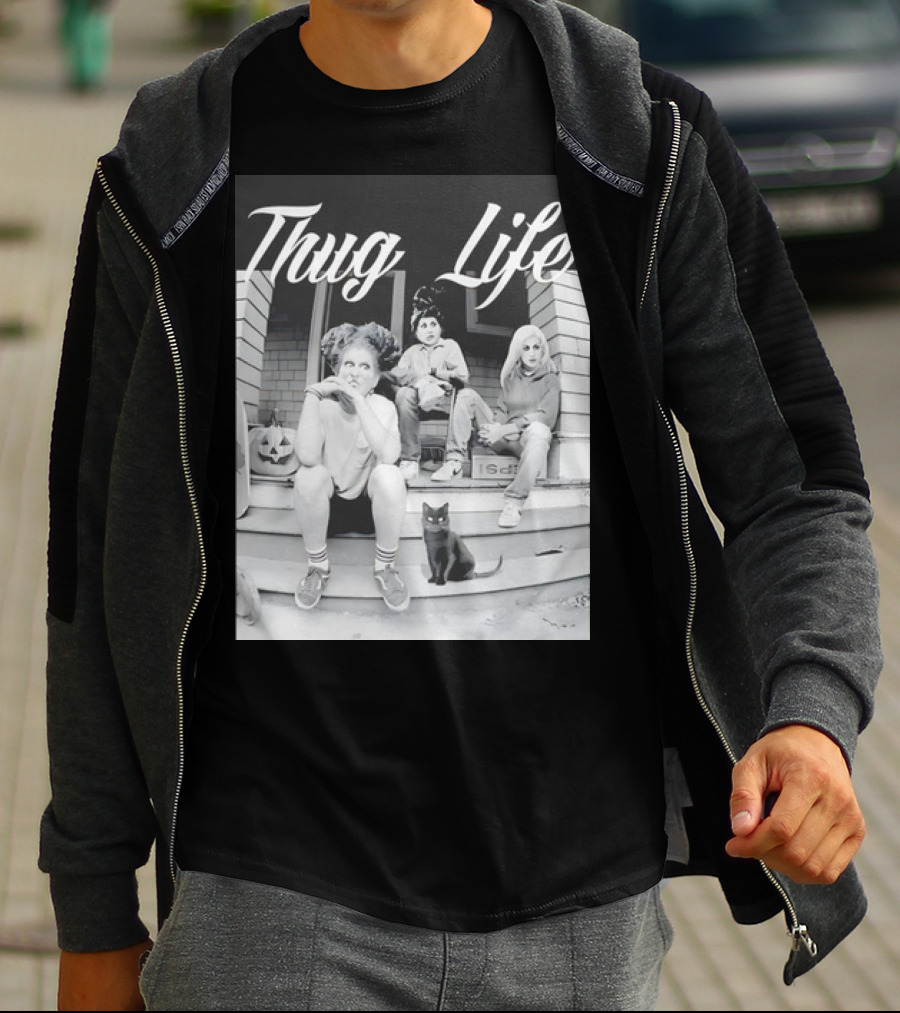 Hocus Pocus Thug Life Witchy Trio With Black Cat And Pumpkin Porch Scene T-Shirt