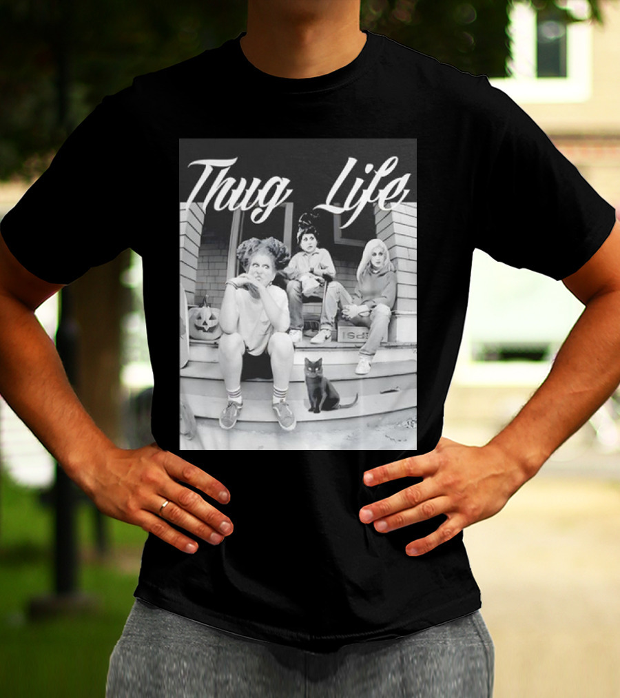 Hocus Pocus Thug Life Witchy Trio With Black Cat And Pumpkin Porch Scene T-Shirt
