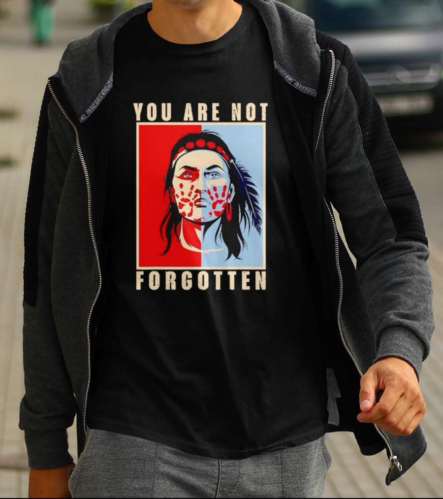 You Are Not Forgotten Awareness Native American Indian Red Handprint Feather Profile T-Shirt