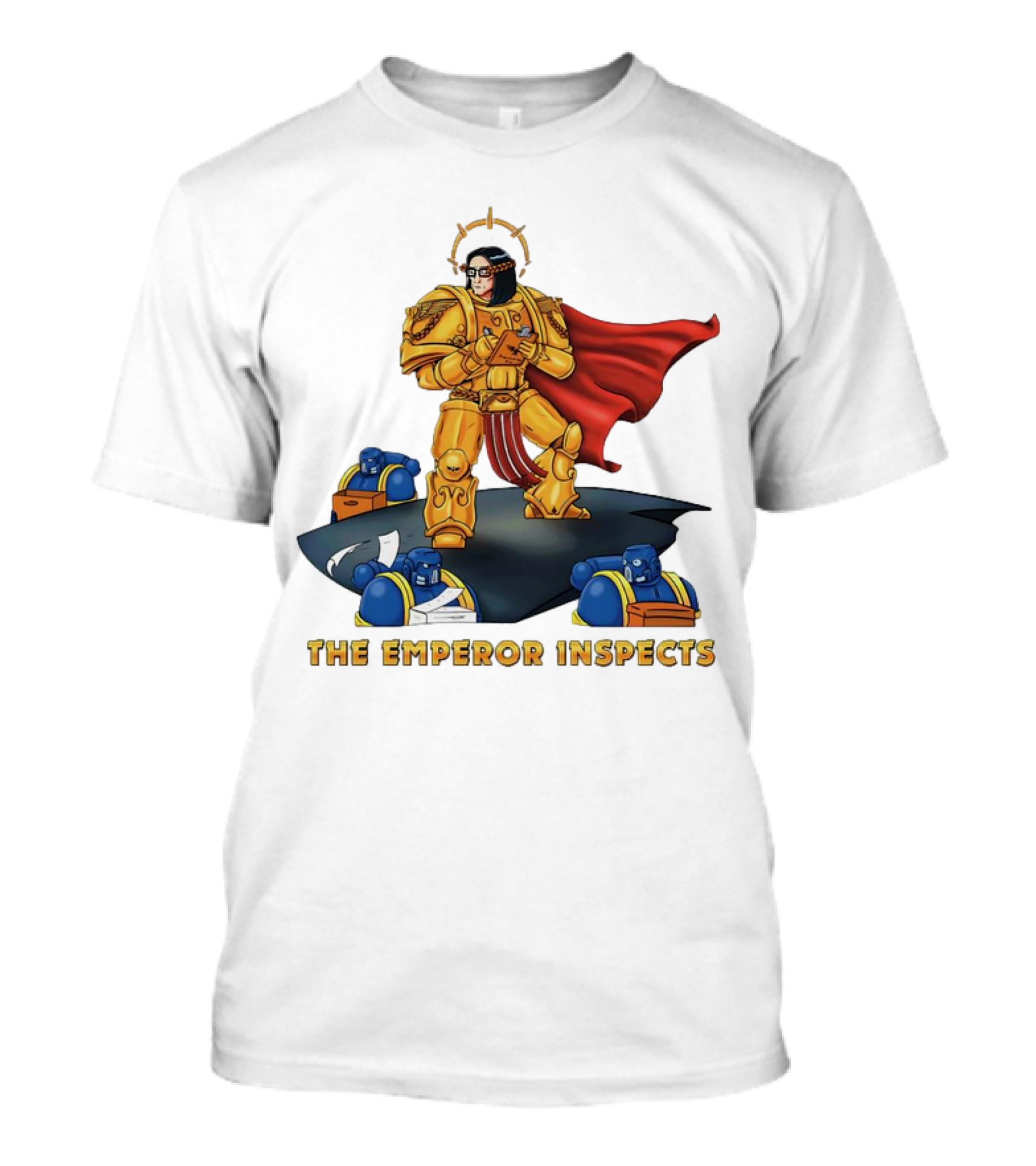 The Emperor Inspects Power Armor With Red Cape And Space Soldiers On Dark Platform T-Shirt