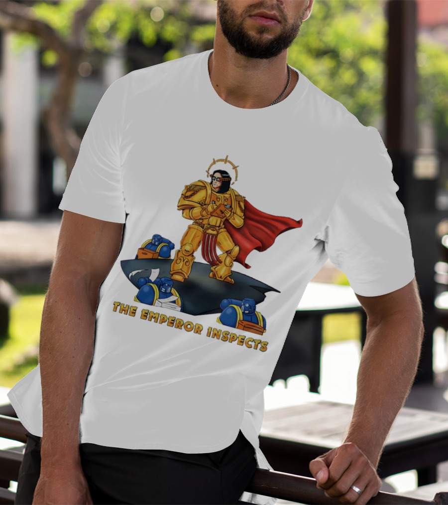 The Emperor Inspects Power Armor With Red Cape And Space Soldiers On Dark Platform T-Shirt