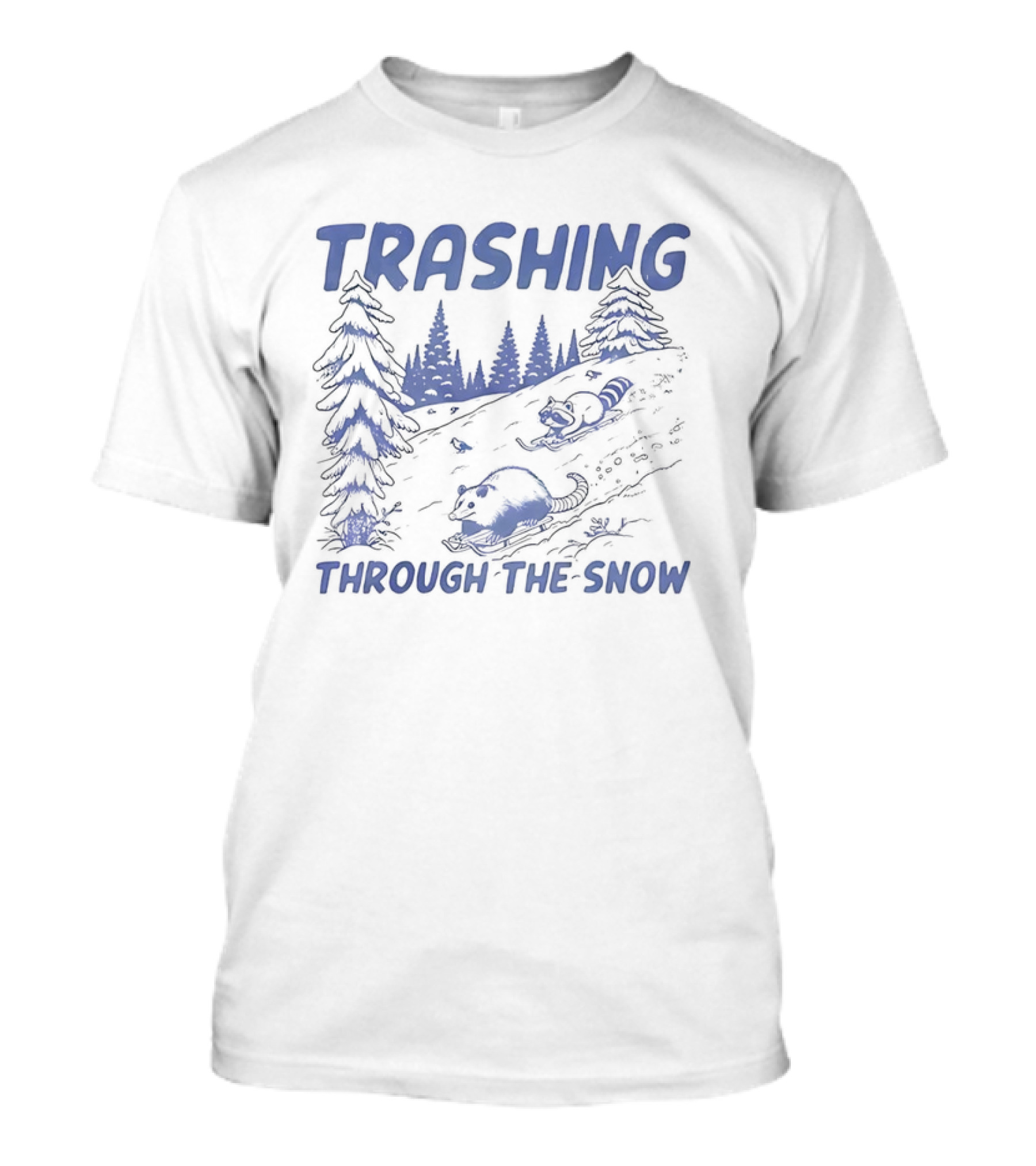 Trashing Through The Snow Hillside Opossum And Raccoon Winter Fun T-Shirt