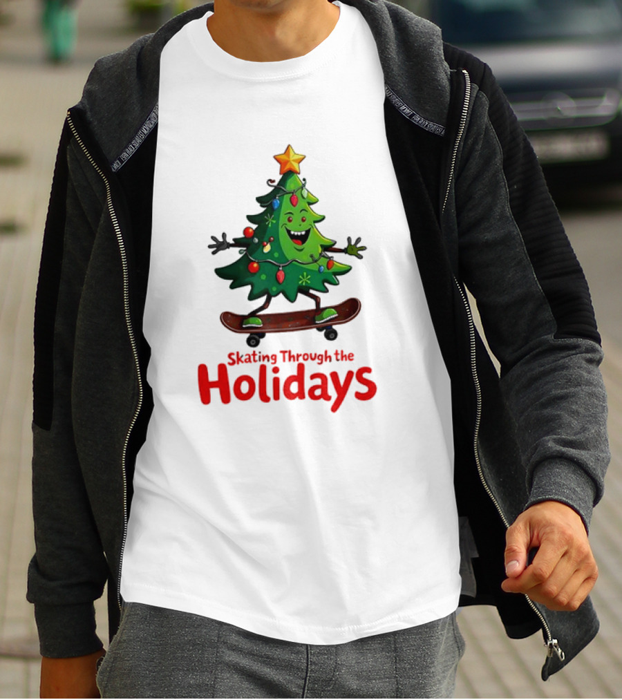 Skating Through The Holidays Christmas Tree Skateboard T-Shirt