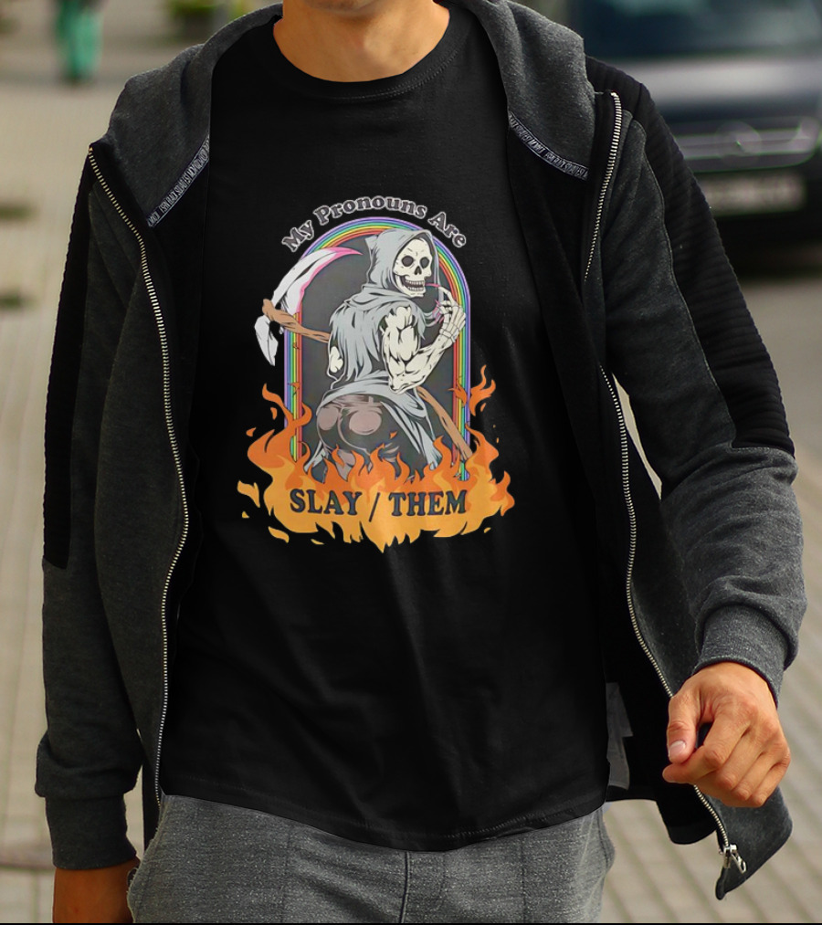 Skeleton My Pronouns Are Slay Them Cartoon Retro Rainbow Flames T-Shirt