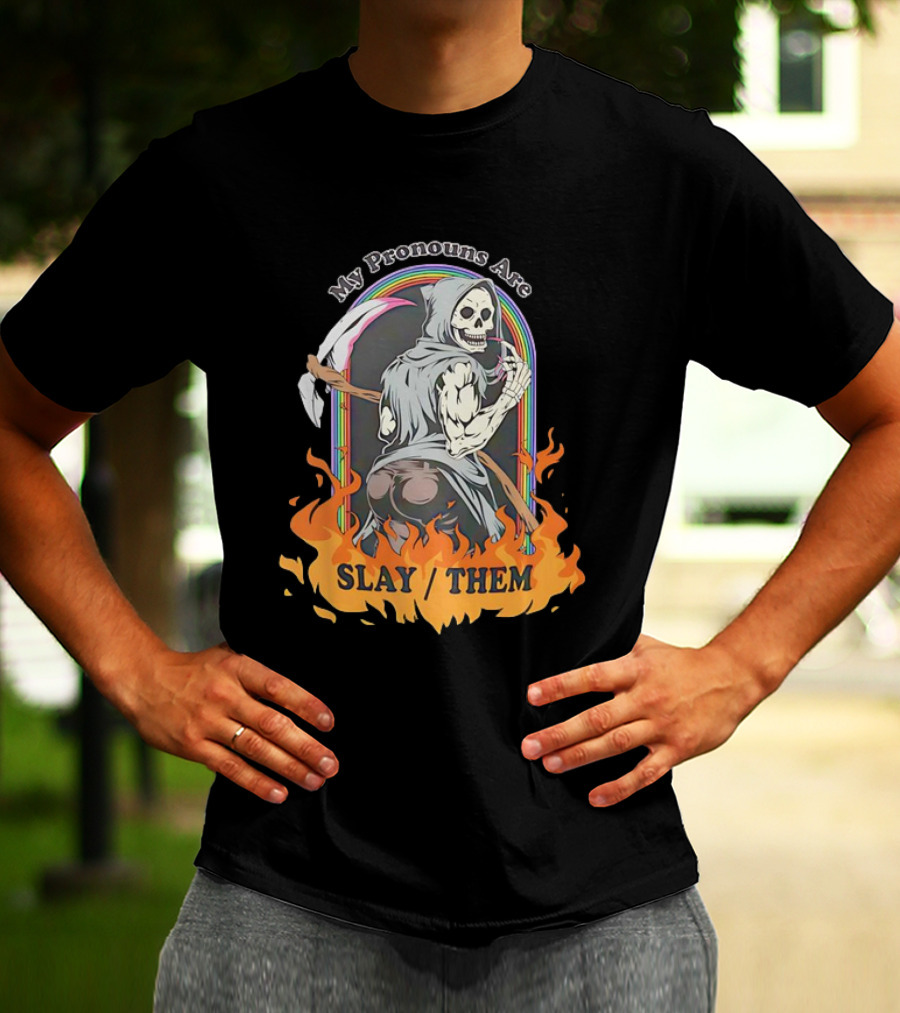 Skeleton My Pronouns Are Slay Them Cartoon Retro Rainbow Flames T-Shirt