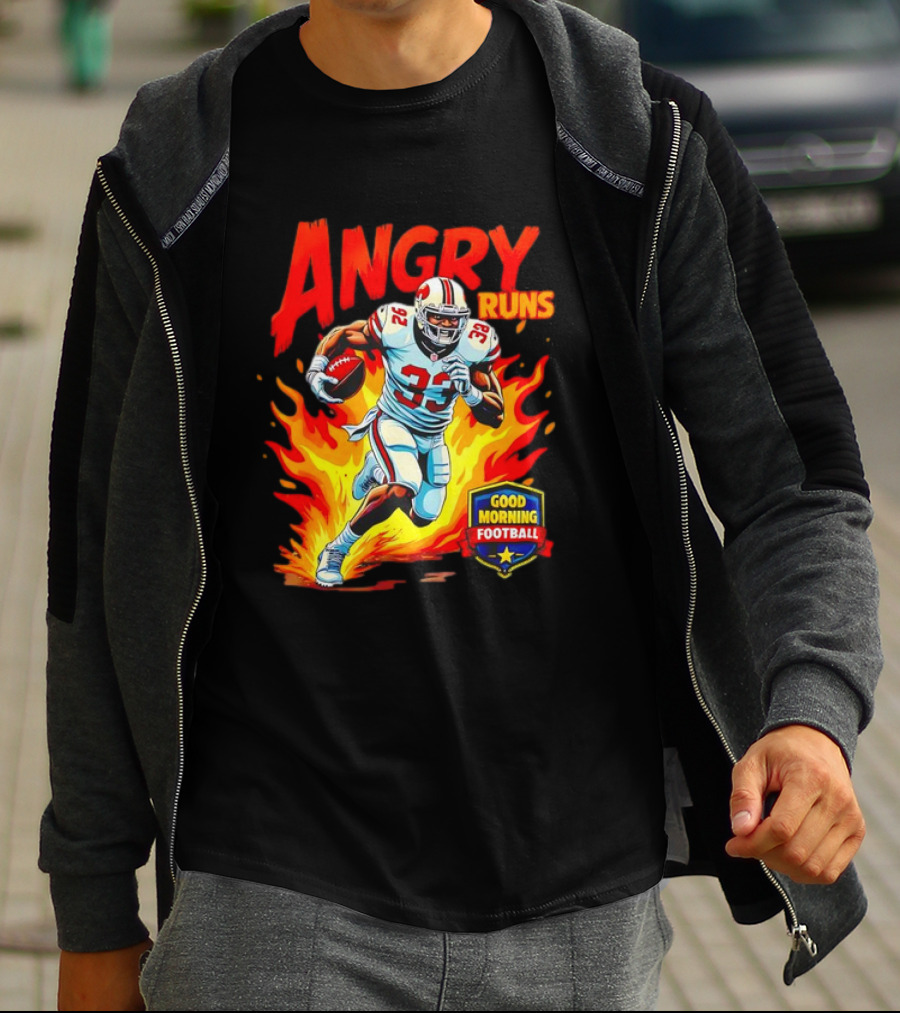 Angry Runs Good Morning Football Flaming Football Player 26 T-Shirt
