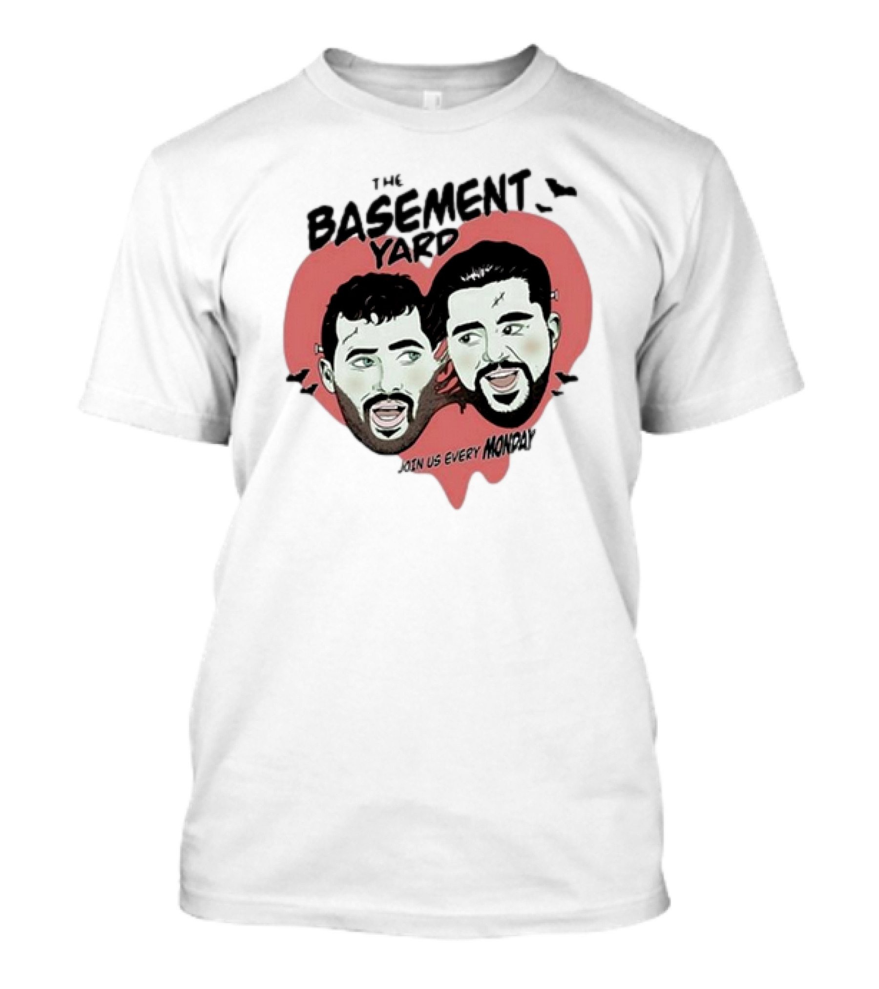 The Basement Yard Join Us Every Monday Spooky Season With Two Characters And Bats T-Shirt