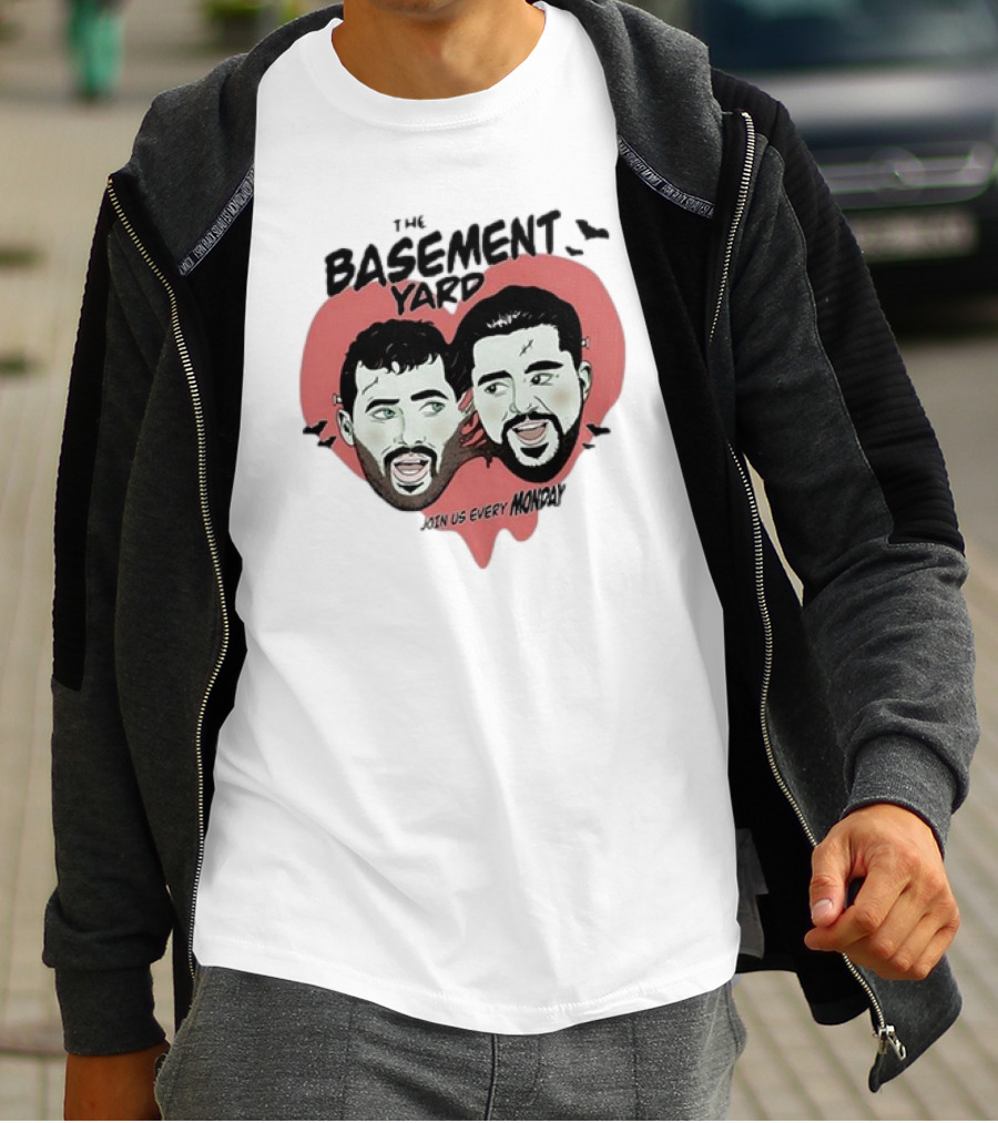 The Basement Yard Join Us Every Monday Spooky Season With Two Characters And Bats T-Shirt