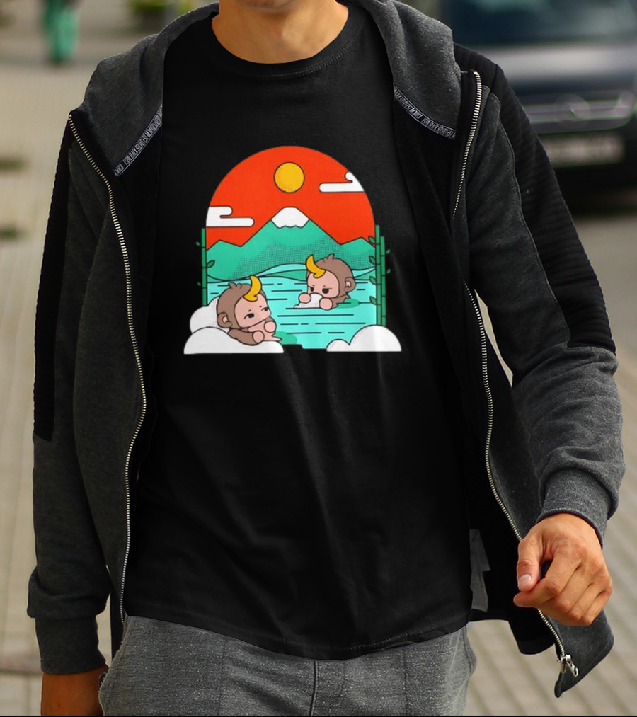 Connor Colquhoun The Tranquil Cute Monkeys In Vibrant Mountain Hot Spring Scenery With Sun And Clouds T-Shirt