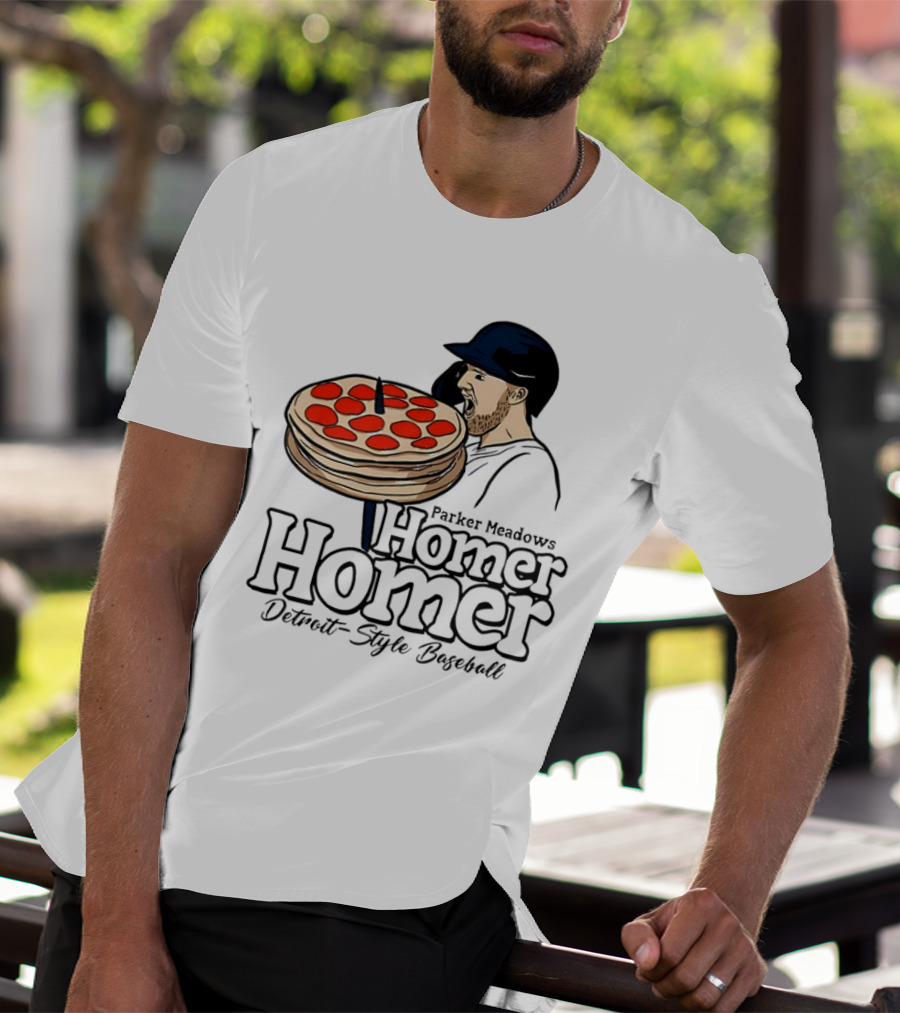 Parker Meadows Homer Homer Detroit-Style Baseball Pizza T-Shirt