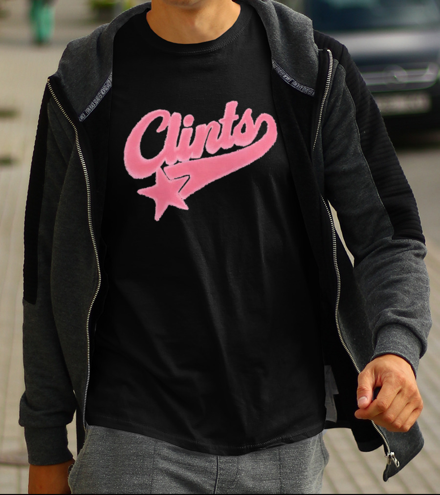 Clints Pink Fuzzy Star Script T-Shirt