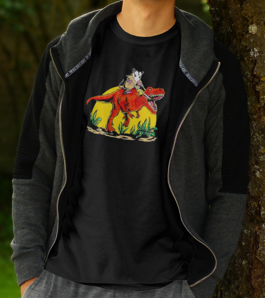 Opossum Riding T-Rex Dinosaur Retro Sunset Forest Scene T-Shirt