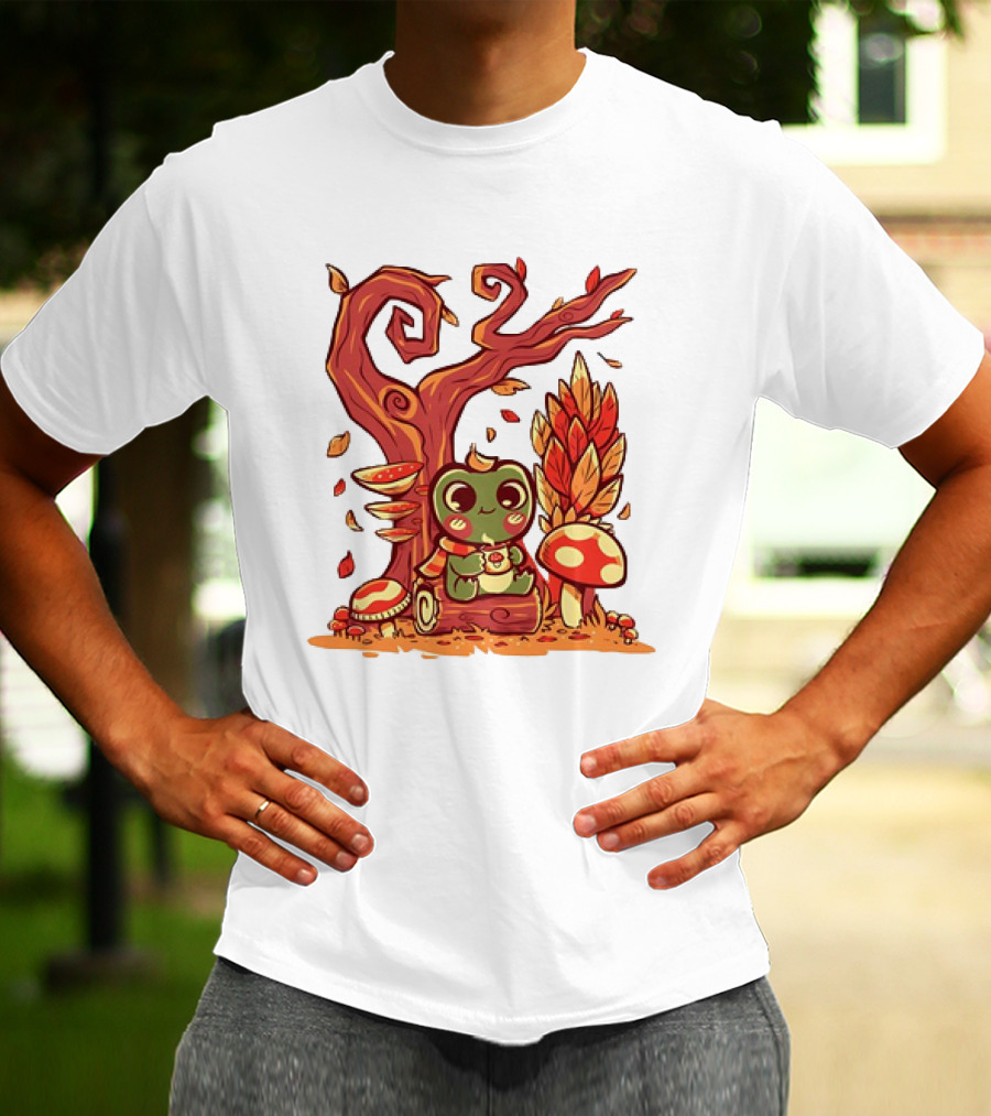 Cozy Autumn Days Cute Frog Enjoying Fall Leaves T-Shirt
