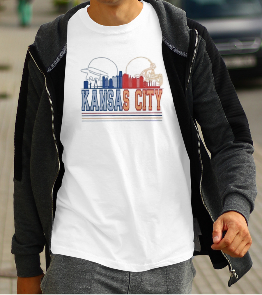 Kansas City Skyline Featuring Kansas City Chiefs Royals Helmets T-Shirt
