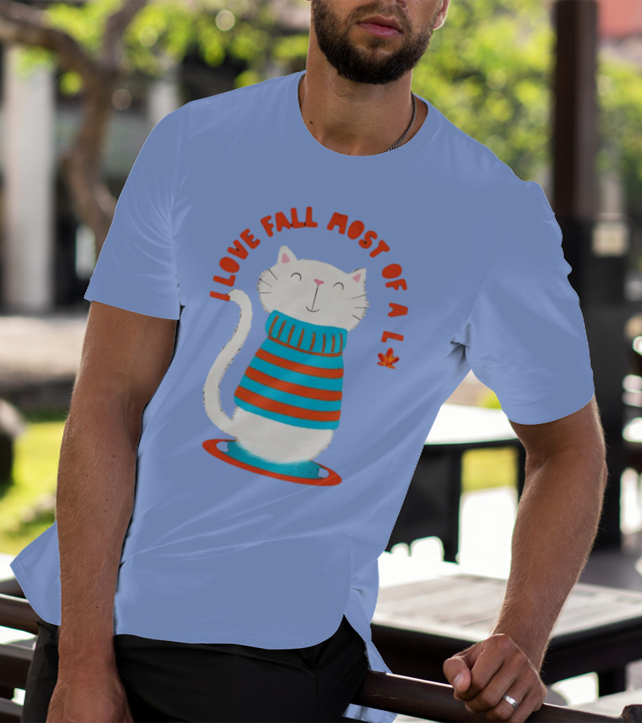 I Love Fall Most Of All Cat In Striped Sweater With Leaf T-Shirt