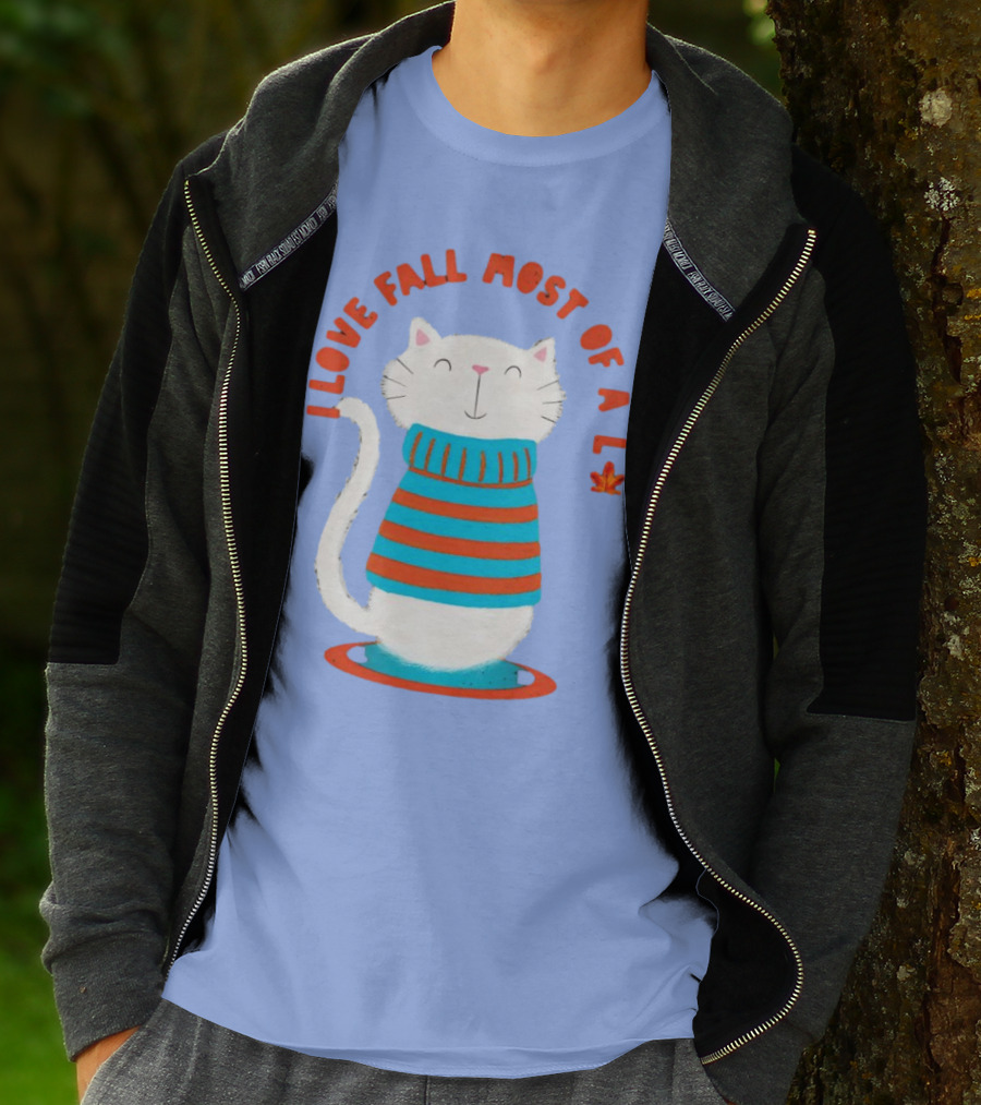 I Love Fall Most Of All Cat In Striped Sweater With Leaf T-Shirt