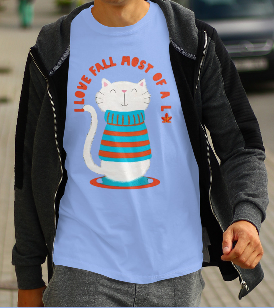 I Love Fall Most Of All Cat In Striped Sweater With Leaf T-Shirt