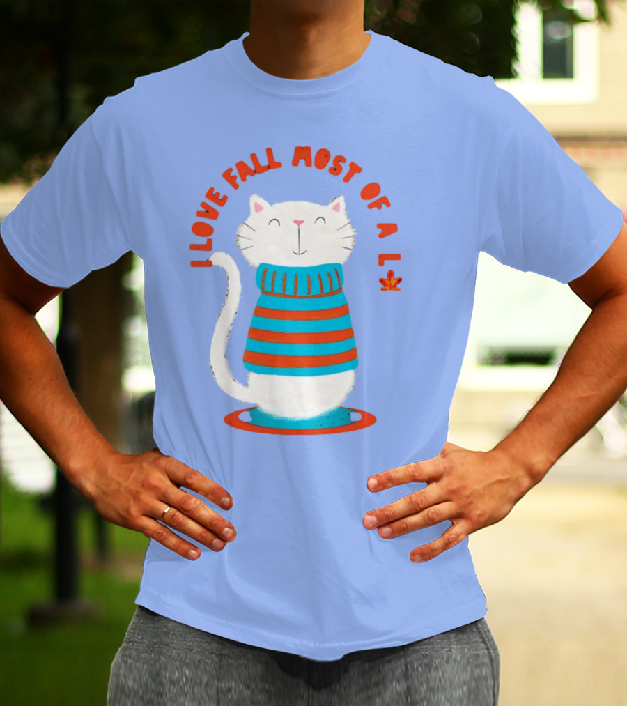 I Love Fall Most Of All Cat In Striped Sweater With Leaf T-Shirt