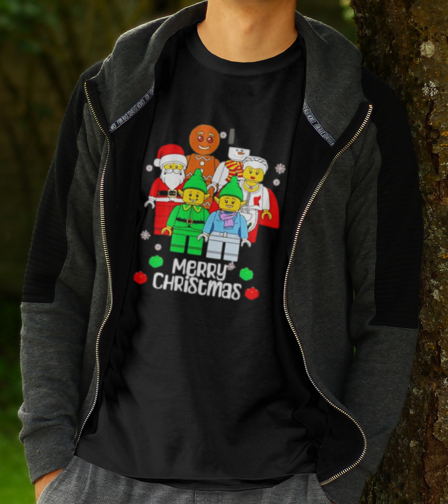 Merry Christmas Santa Elf Snowman Gingerbread Building Bricks Figures T-Shirt