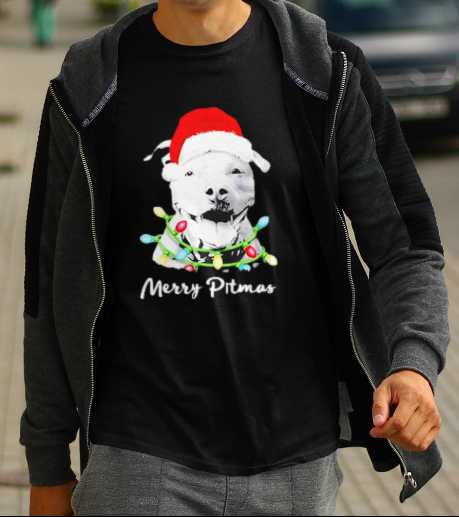 Merry Pitmas Pit Bull Santa With Christmas Tree Lights T-Shirt