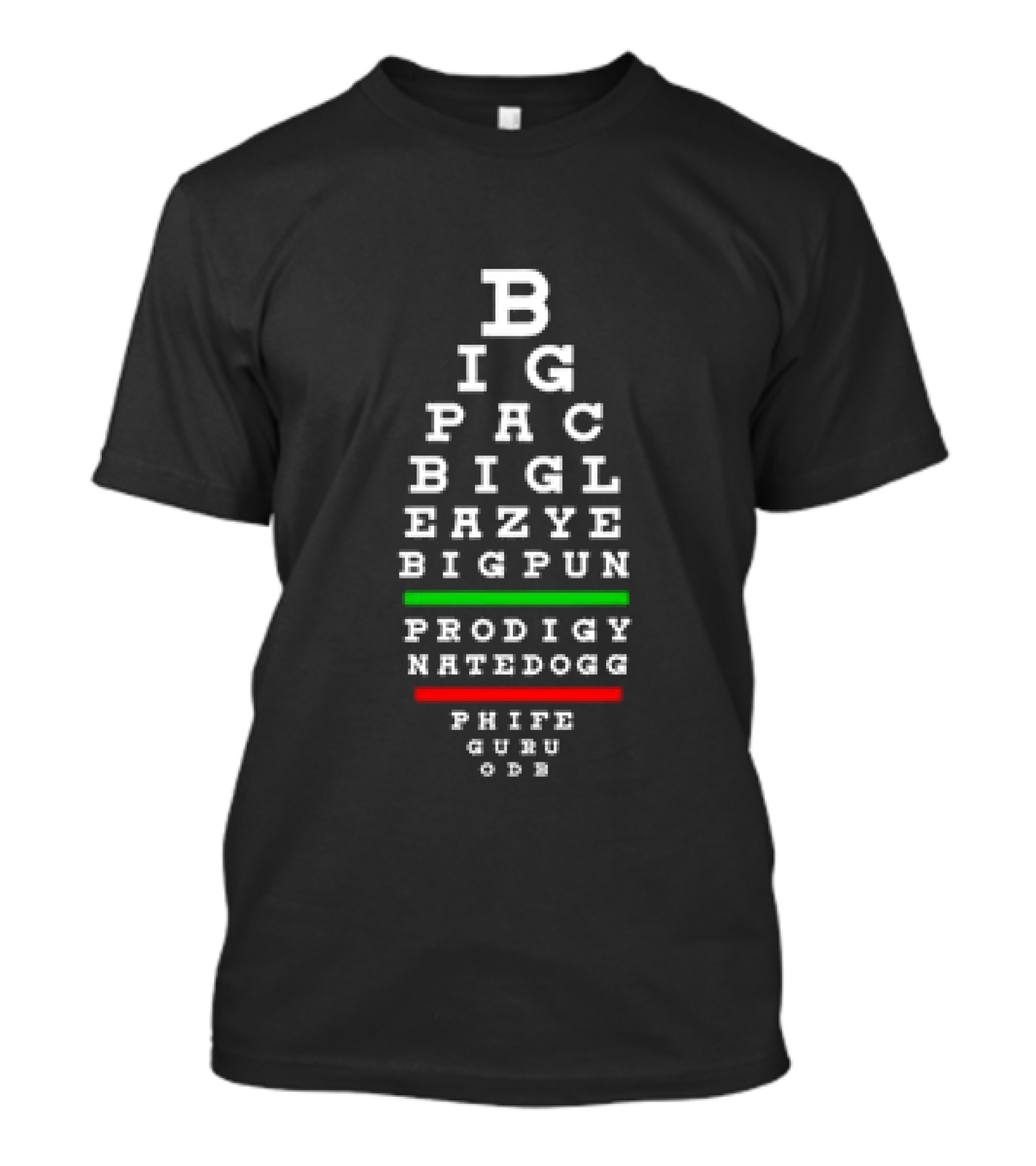 BIG PAC BIG L EAZY E BIG PUN PRODIGY NATE DOGG PHIFE GURU ODB Eye Chart Old School Hip Hop Rap Legends 90s Hiphop T-Shirt