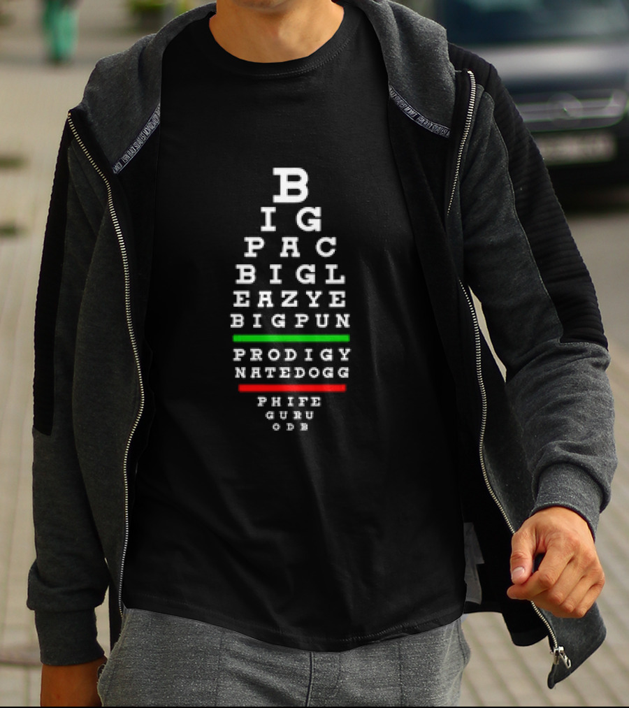 BIG PAC BIG L EAZY E BIG PUN PRODIGY NATE DOGG PHIFE GURU ODB Eye Chart Old School Hip Hop Rap Legends 90s Hiphop T-Shirt
