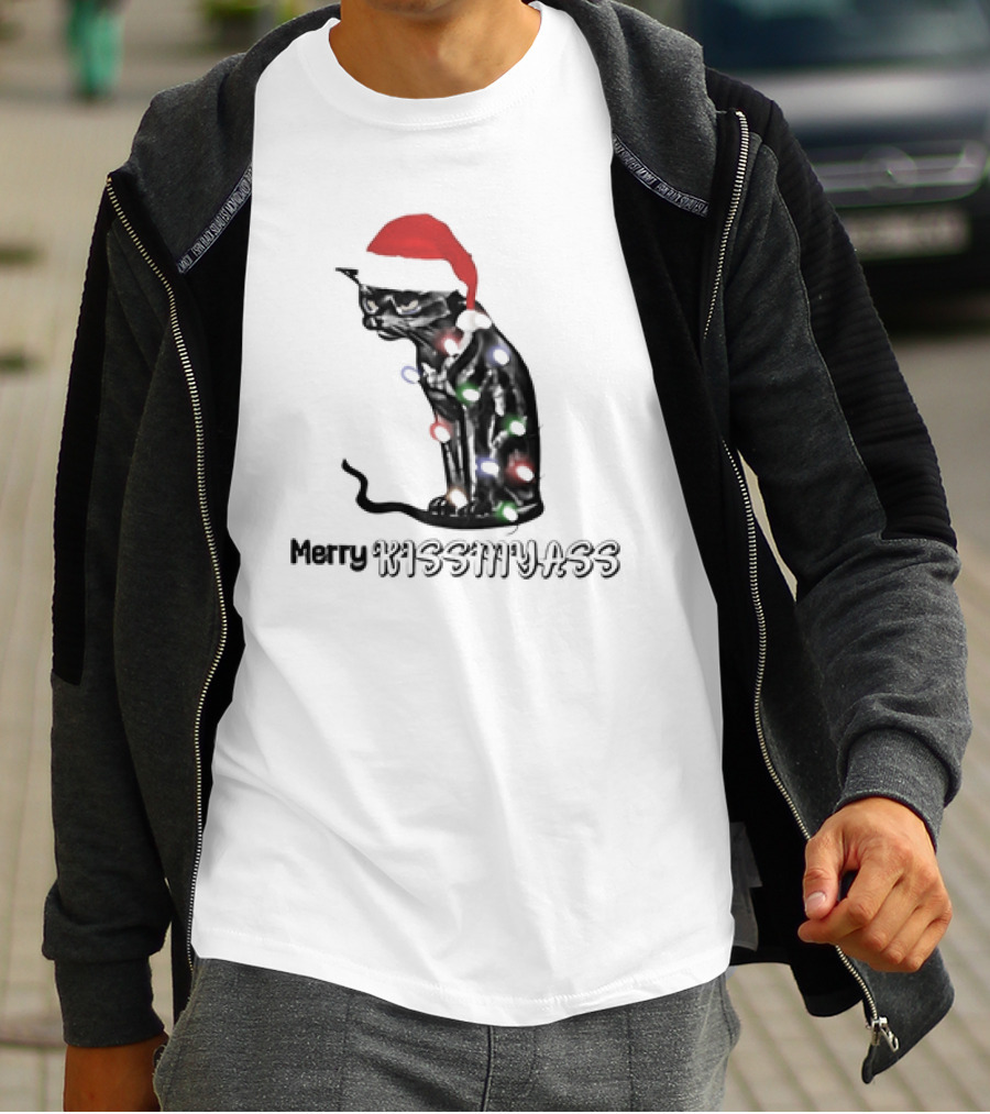 Merry Kiss My Ass Cat Christmas Lights Santa Hat T-Shirt