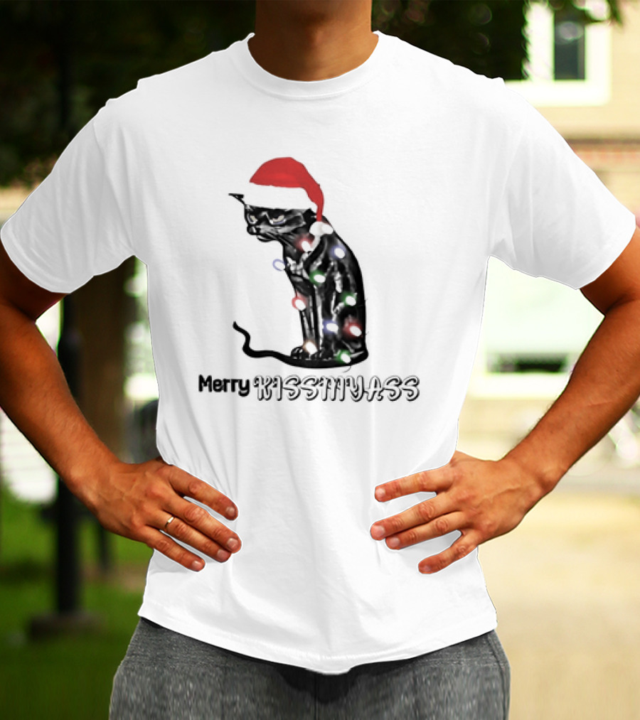 Merry Kiss My Ass Cat Christmas Lights Santa Hat T-Shirt