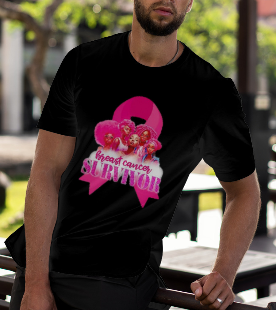 Breast Cancer Survivor Pink Ribbon Black Women Melanin Warrior T-Shirt