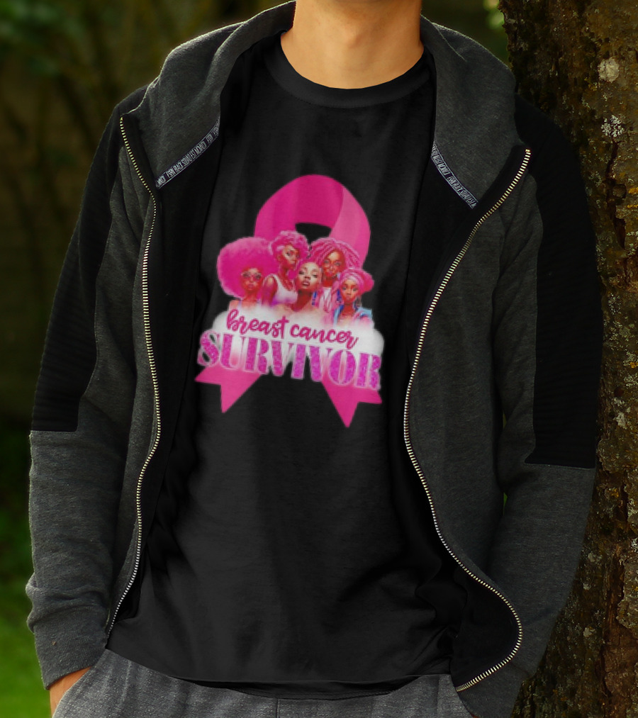 Breast Cancer Survivor Pink Ribbon Black Women Melanin Warrior T-Shirt