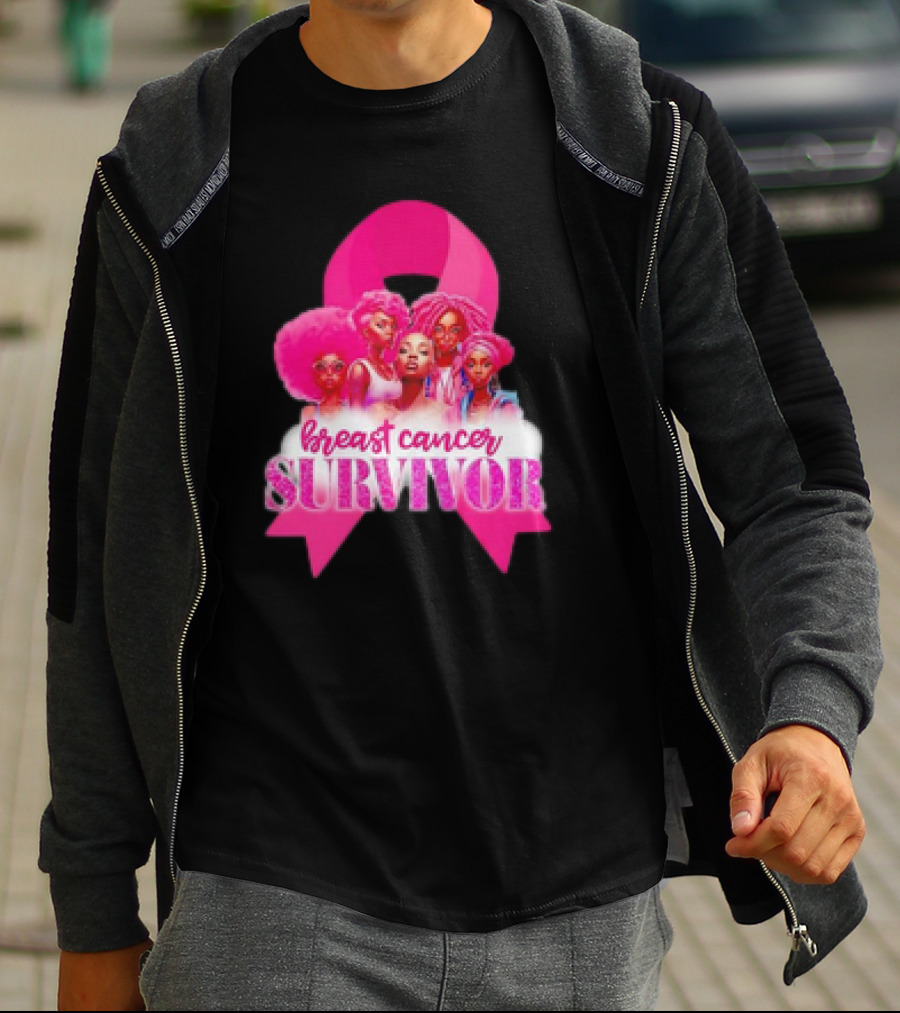 Breast Cancer Survivor Pink Ribbon Black Women Melanin Warrior T-Shirt