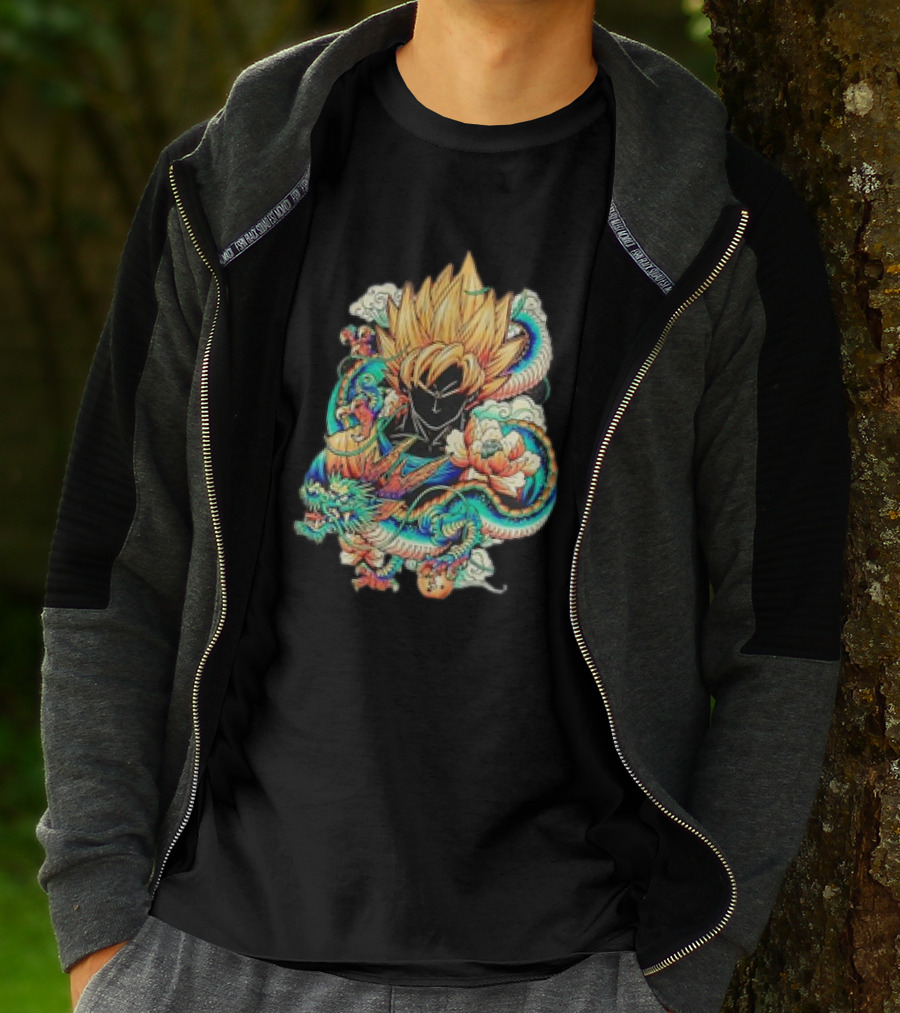 Colorful Dragon Ball Z Super Saiyan Goku With Dragon Serpent And Clouds T-Shirt