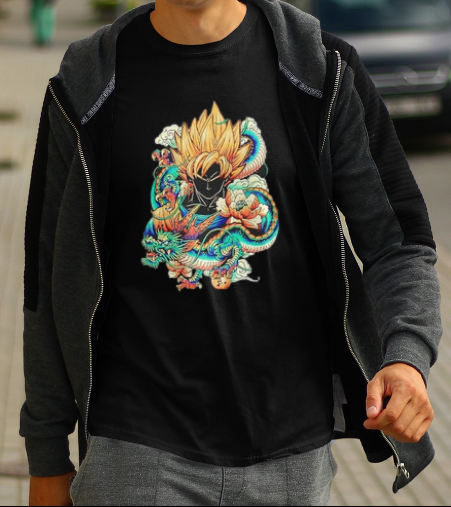 Colorful Dragon Ball Z Super Saiyan Goku With Dragon Serpent And Clouds T-Shirt
