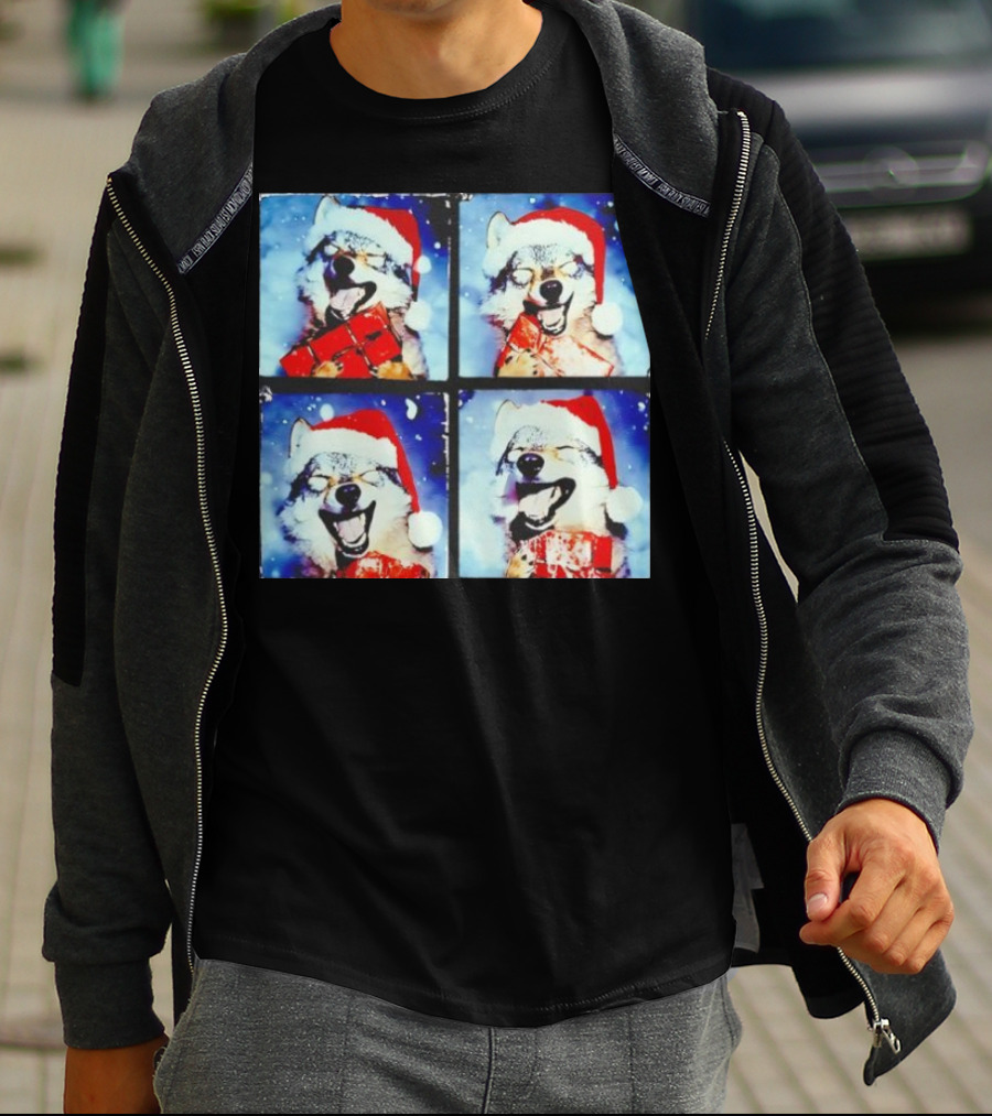 Festive Wolf Santa Hat Selfie Christmas T-Shirt