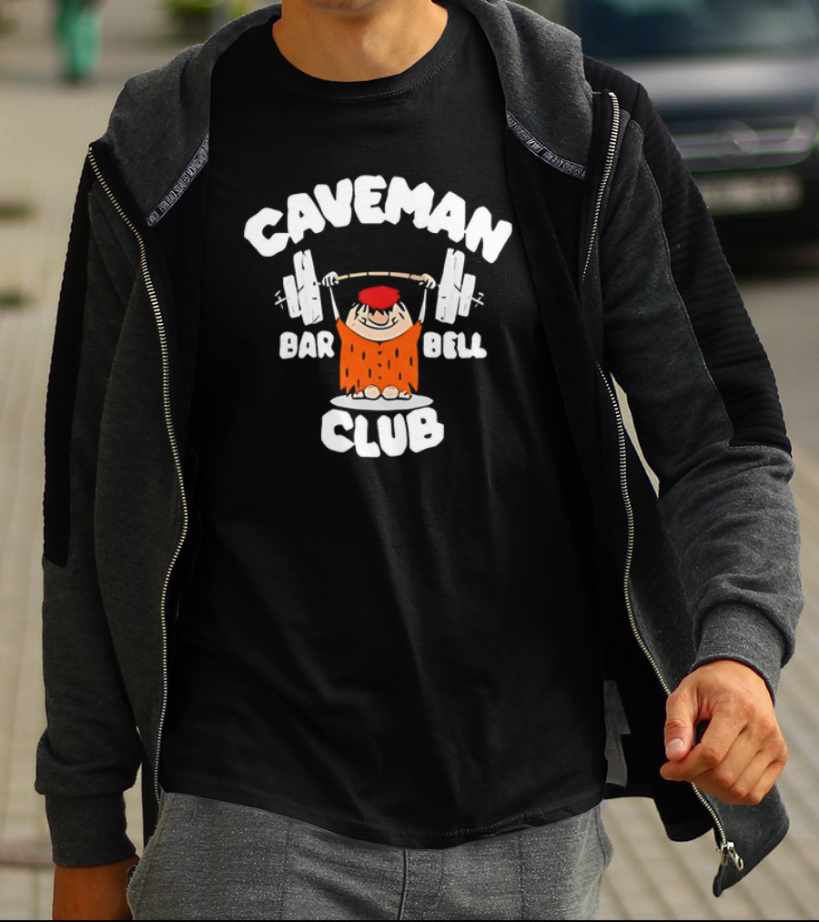 Caveman Club Bar Bell Weightlifting Cartoon T-Shirt