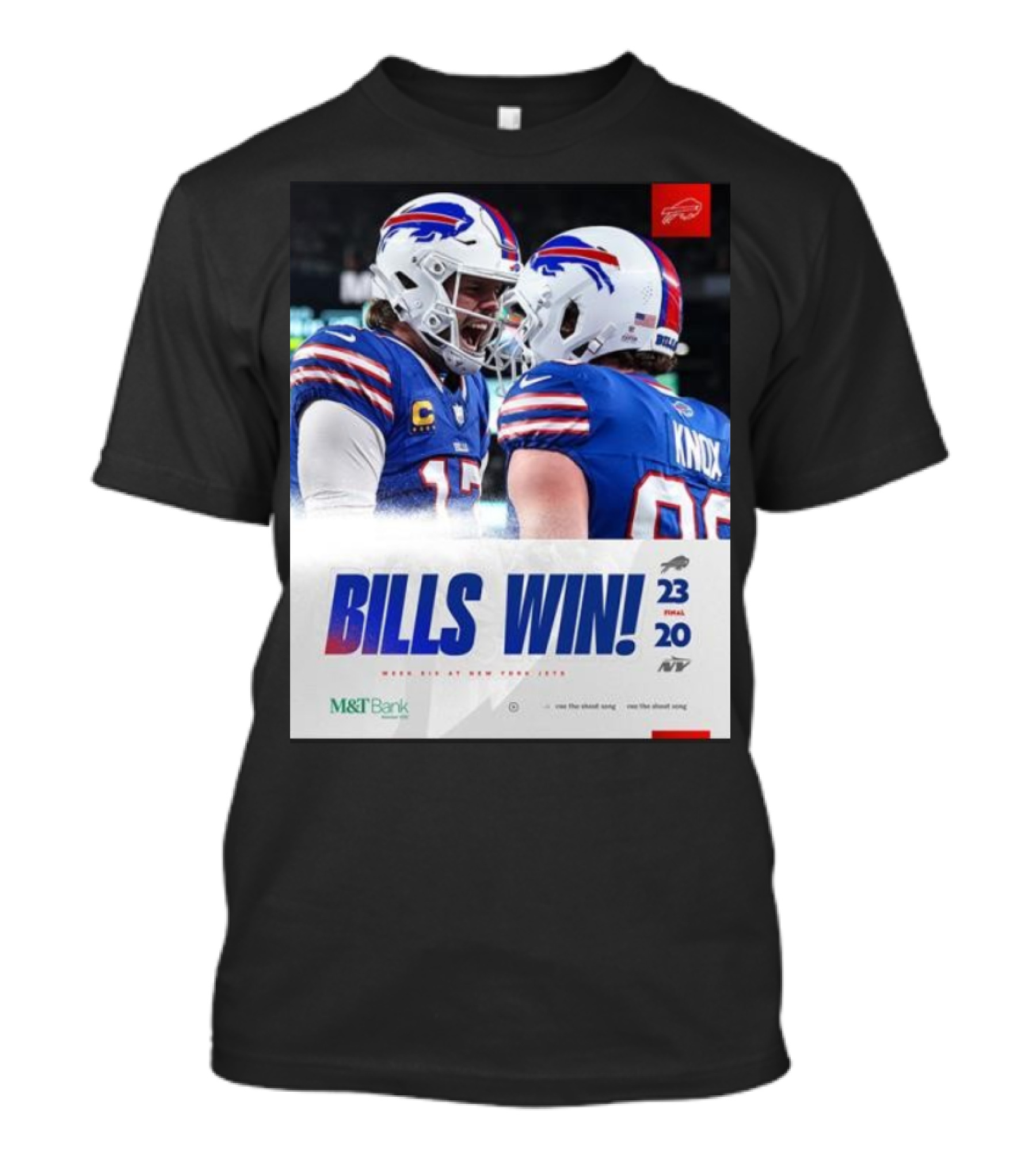 Bills Win 23-20 New York Jets NFL Victory Knox M&T Bank T-Shirt