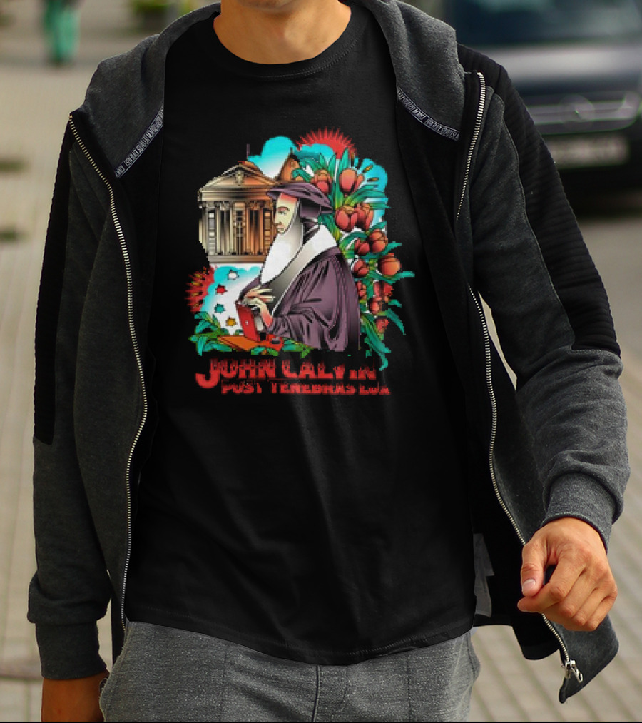 Calvinism Christian John Calvin Post Tenebras Lux With Historical Architecture And Floral Elements T-Shirt