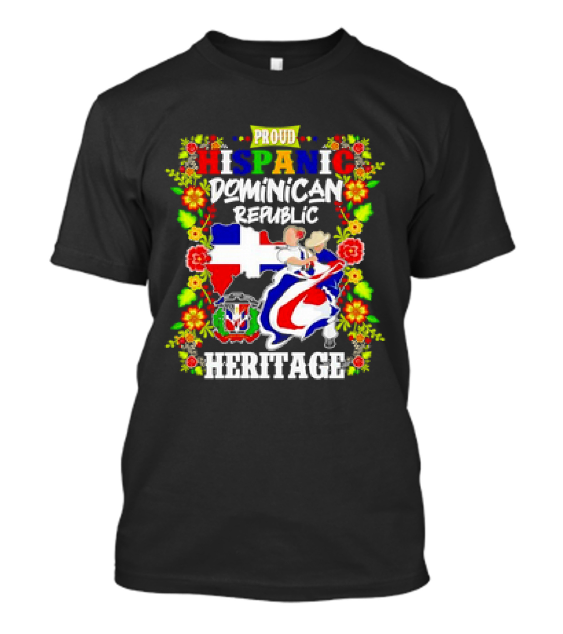 Proud Hispanic Dominican Republic Heritage Flowers And Flag T-Shirt