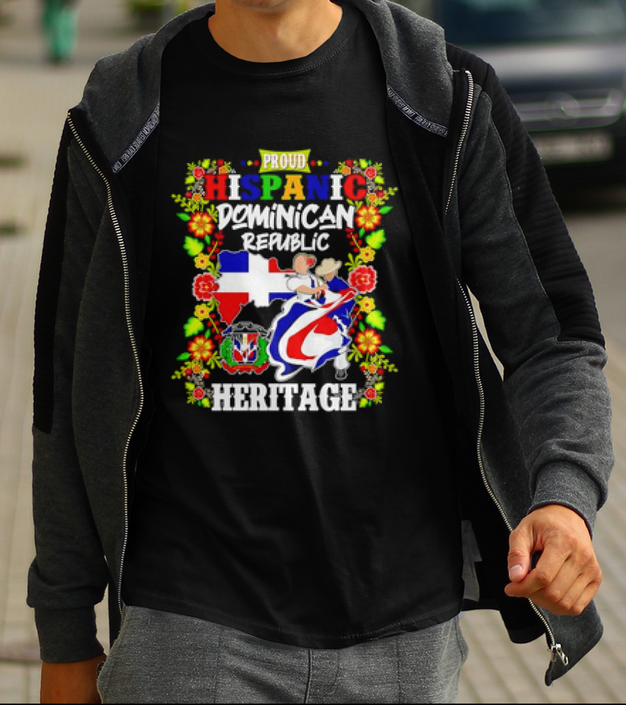 Proud Hispanic Dominican Republic Heritage Flowers And Flag T-Shirt