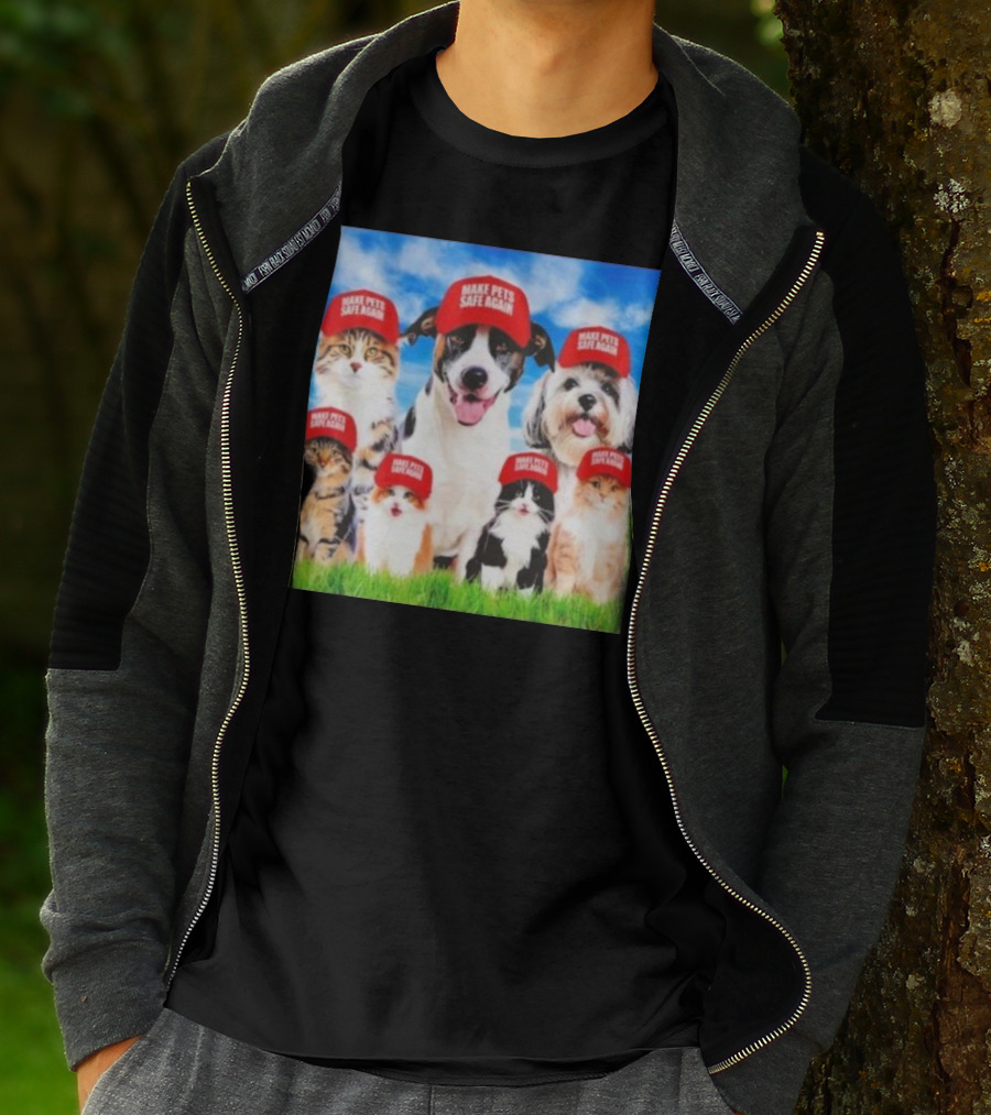 Six Cats And Dogs Wearing Red Make Pets Safe Again Hats On Green Grass T-Shirt