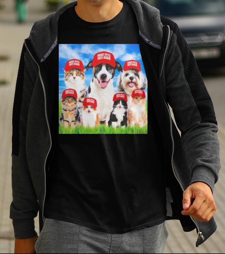 Six Cats And Dogs Wearing Red Make Pets Safe Again Hats On Green Grass T-Shirt