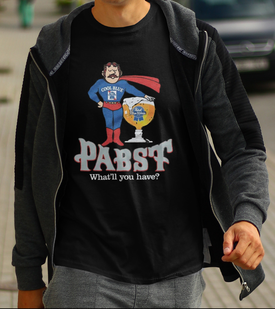 Cool Blue Pabst Superhero With Beer What’ll You Have T-Shirt