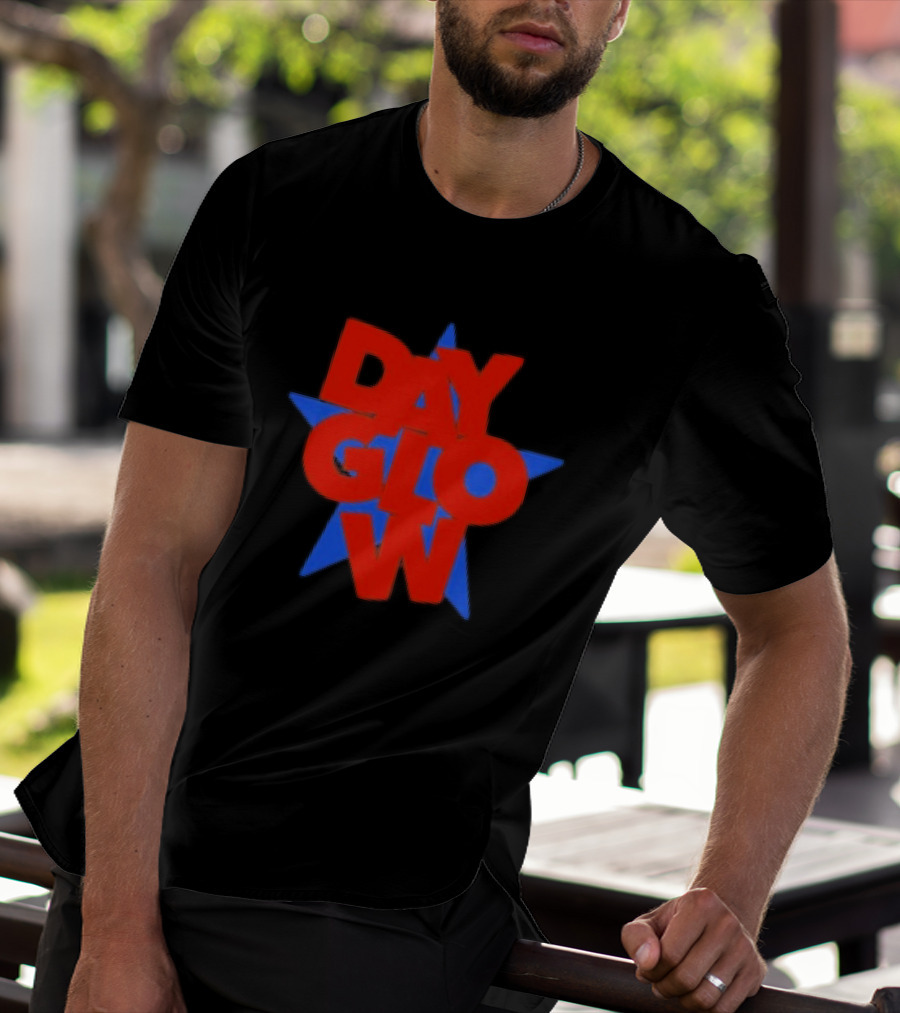 Day Glow Red Blue Star Stacked Black T-Shirt