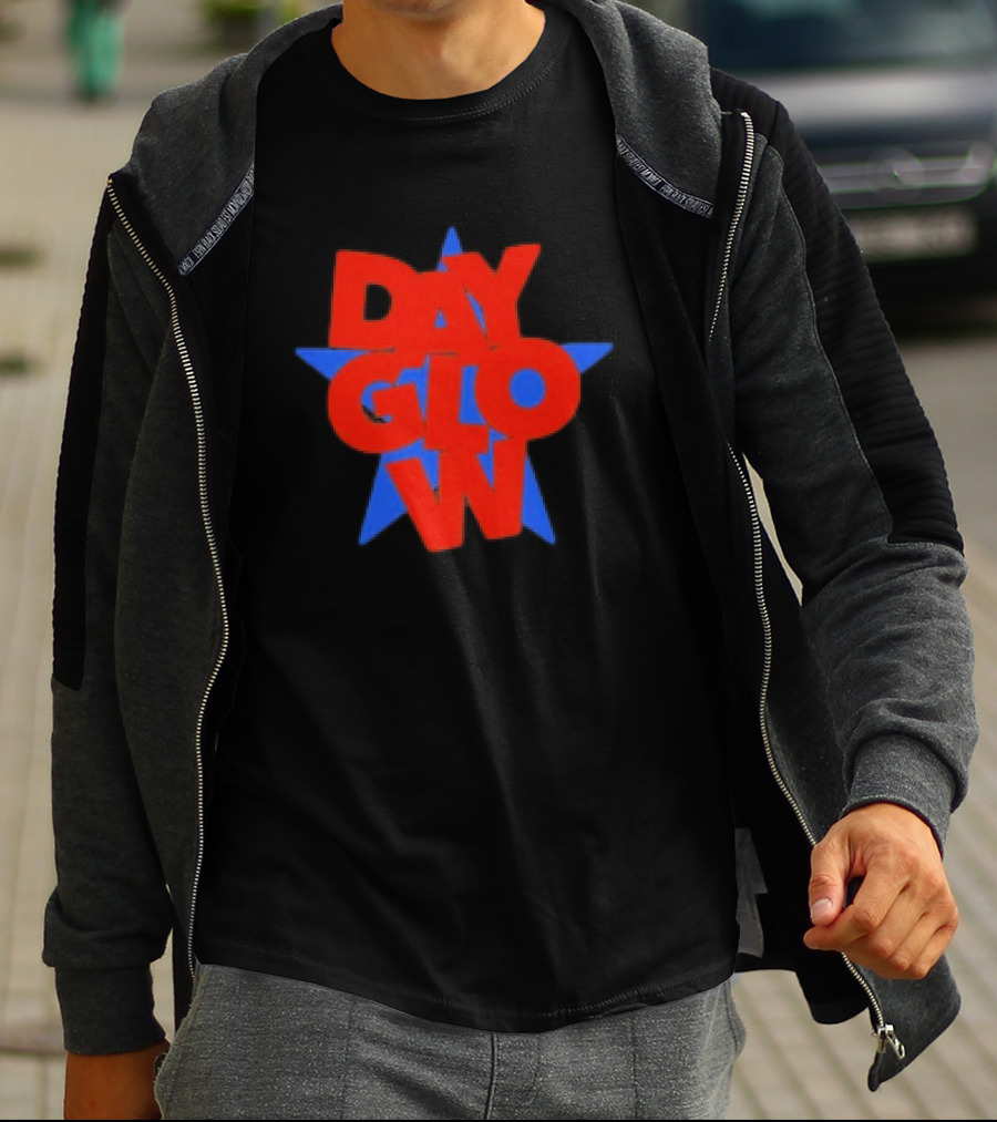 Day Glow Red Blue Star Stacked Black T-Shirt