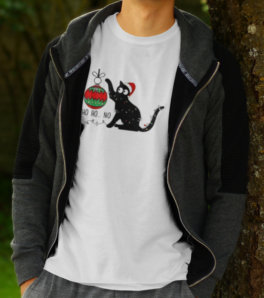 Black Cat With Santa Hat Playing With Ornament Ho Ho No Christmas T-Shirt
