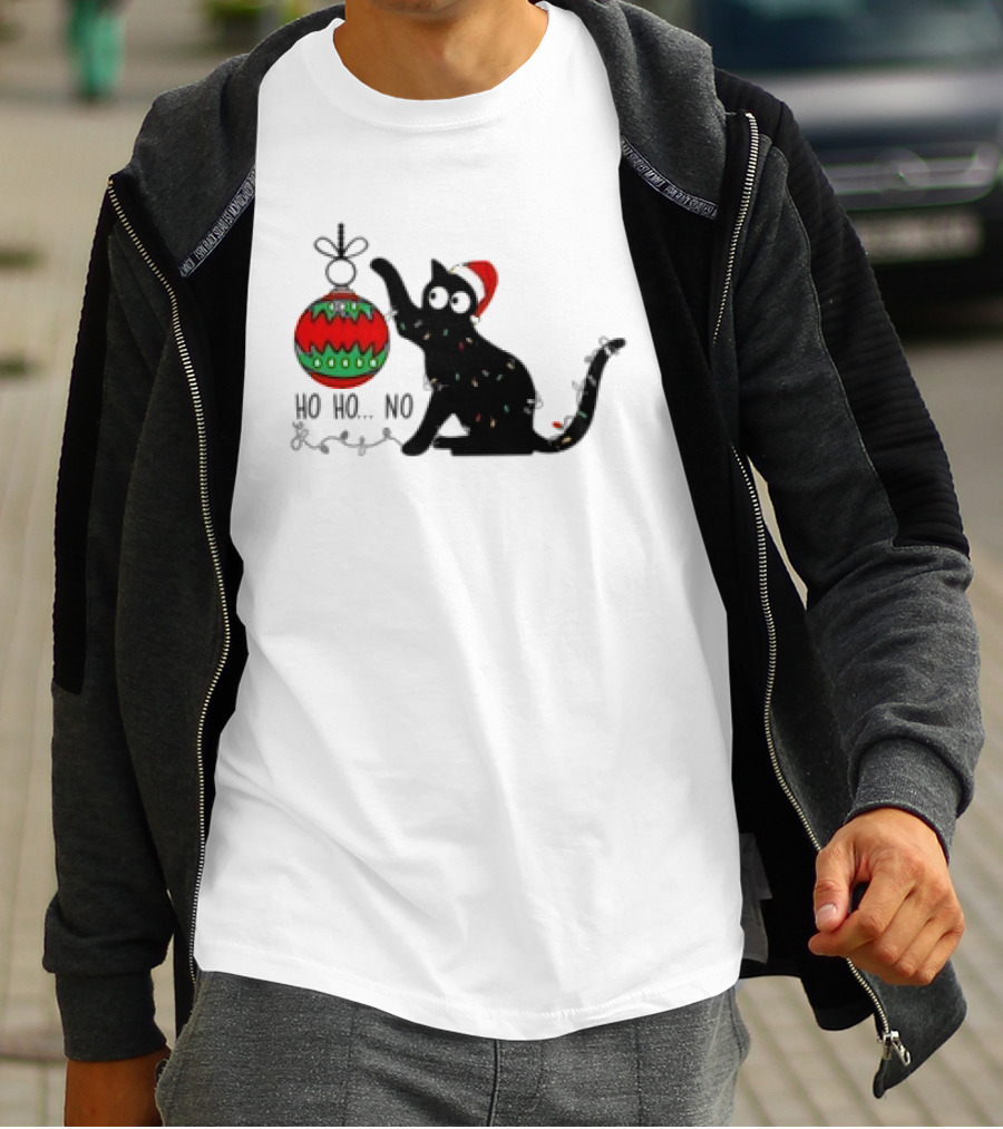 Black Cat With Santa Hat Playing With Ornament Ho Ho No Christmas T-Shirt