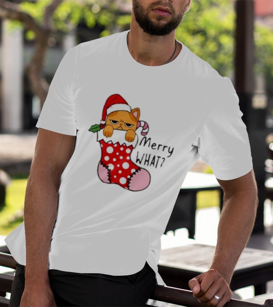 Merry What Cat In Santa Hat Christmas Stocking T-Shirt