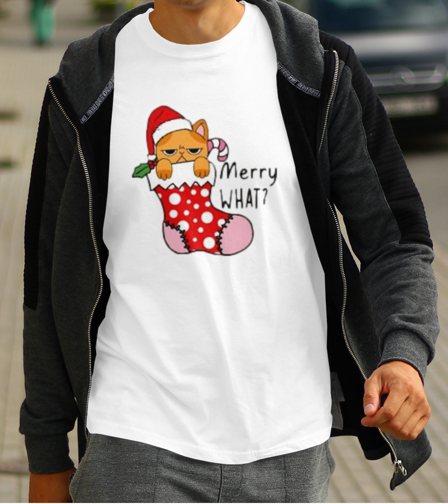 Merry What Cat In Santa Hat Christmas Stocking T-Shirt