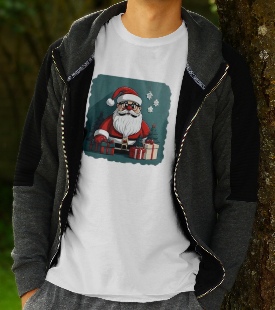 Santa Claus With Snowflakes And Presents Christmas Holiday Scene T-Shirt