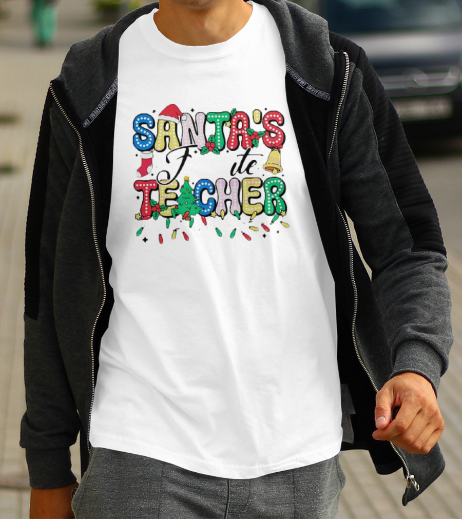 Santa's Favorite Teacher Christmas Light With Hat, Stocking, Bell, And Tree T-Shirt